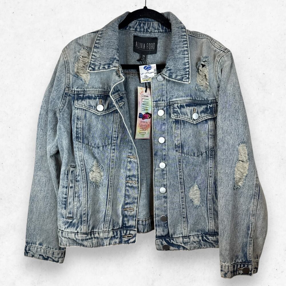 Alivia Ford Distressed Destructed Denim Jean Jacket Potassium Wash Size M